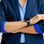 A professional businesswoman, fully clothed in a modest, dark professional suit, stands confidently in a modern, well-lit studio. She holds an Apple Watch, with one hand presenting an elegant, metallic Milanese Loop strap, while the other hand showcases a vibrant blue silicone Sport Band. The composition emphasizes the versatility of the Apple Watch for various occasions. perfect anatomy, correct proportions, natural pose, well-formed hands, proper finger count, natural body proportions, professional photography, high quality, safe for work, appropriate content, fully clothed, professional dress, family-friendly.