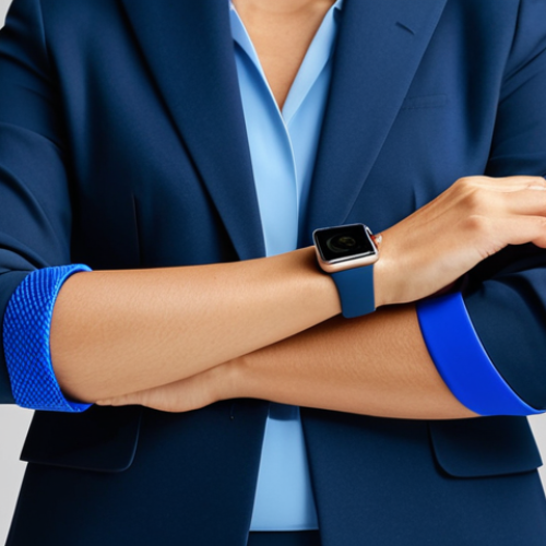 Home 4 A professional businesswoman, fully clothed in a modest, dark professional suit, stands confidently in a modern, well-lit studio. She holds an Apple Watch, with one hand presenting an elegant, metallic Milanese Loop strap, while the other hand showcases a vibrant blue silicone Sport Band. The composition emphasizes the versatility of the Apple Watch for various occasions. perfect anatomy, correct proportions, natural pose, well-formed hands, proper finger count, natural body proportions, professional photography, high quality, safe for work, appropriate content, fully clothed, professional dress, family-friendly.