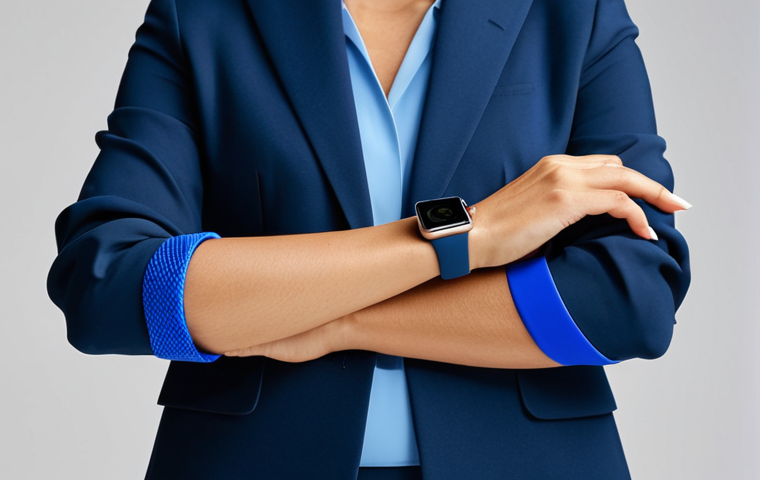 A professional businesswoman, fully clothed in a modest, dark professional suit, stands confidently in a modern, well-lit studio. She holds an Apple Watch, with one hand presenting an elegant, metallic Milanese Loop strap, while the other hand showcases a vibrant blue silicone Sport Band. The composition emphasizes the versatility of the Apple Watch for various occasions. perfect anatomy, correct proportions, natural pose, well-formed hands, proper finger count, natural body proportions, professional photography, high quality, safe for work, appropriate content, fully clothed, professional dress, family-friendly.
